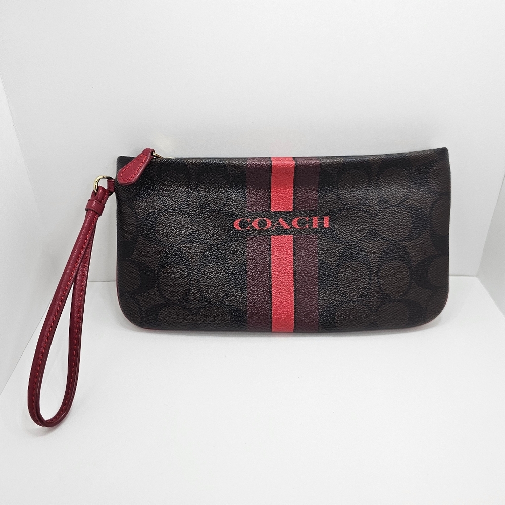 ❌️Sold❌️Coach Signature Brown & True Red Varsity Stripe F66463 Wallet / Wristlet